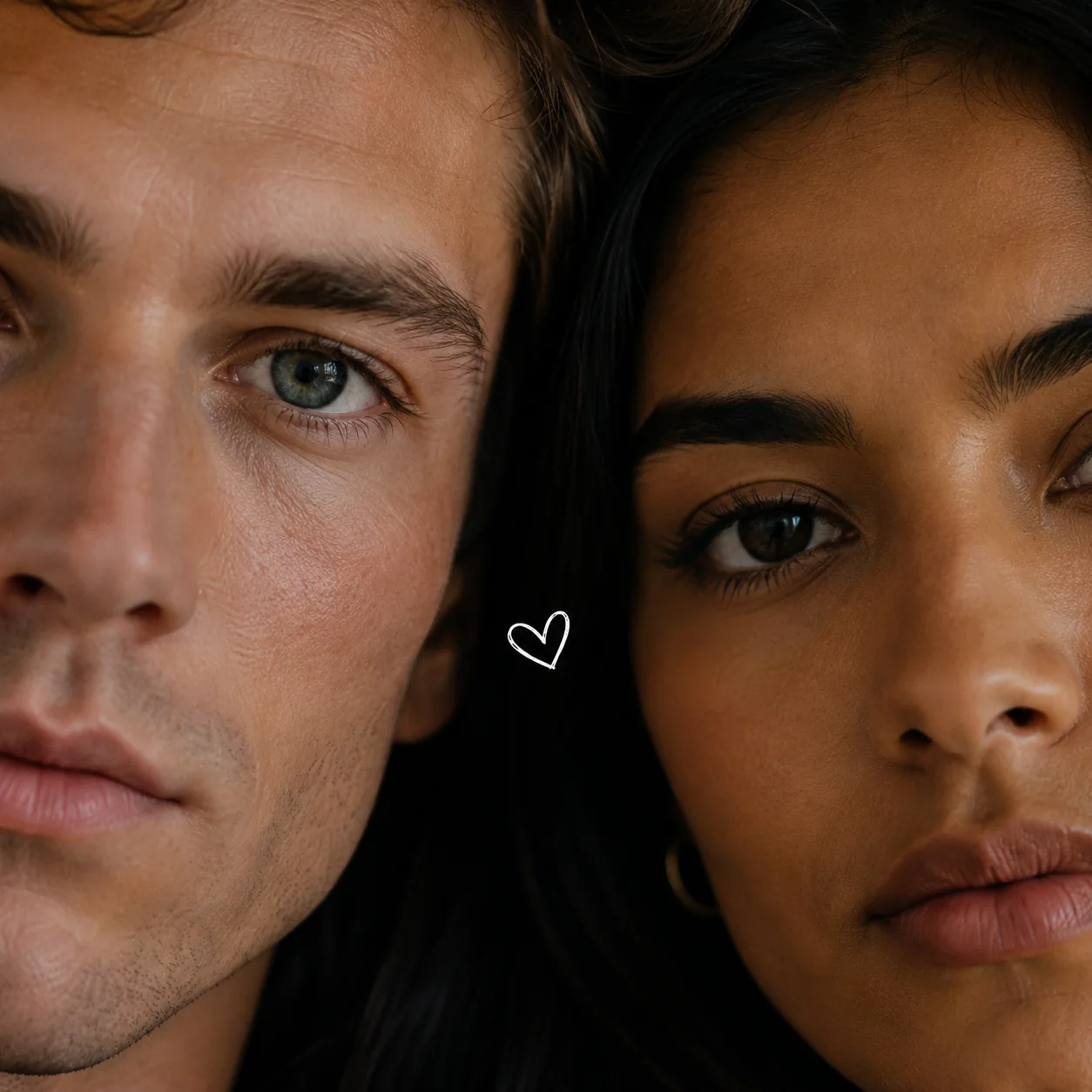Close-up couple portrait showing half of each face, focused on their eyes with a small white heart doodle between them