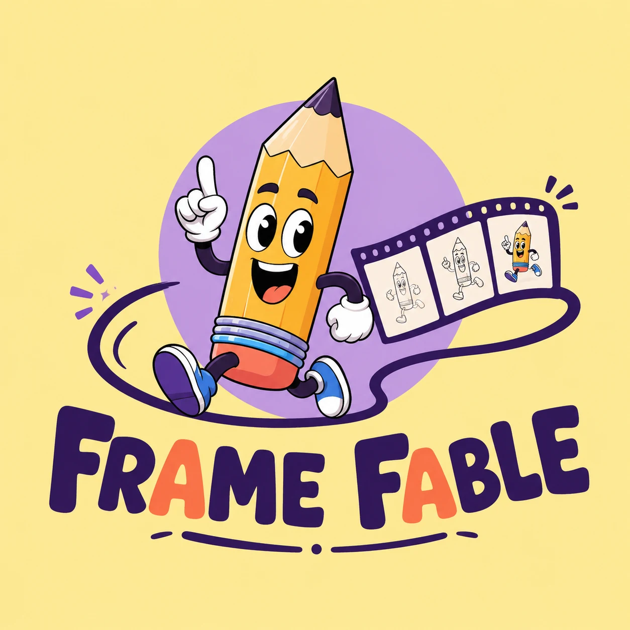 Animation YouTube logo for Frame Fable with a playful pencil character and animation frame details on a pale yellow background.
