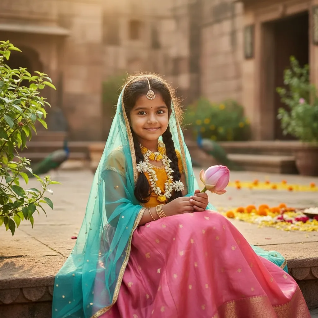 Little girl dressed as Radha holding a lotus during a warm Janmashtami photoshoot.