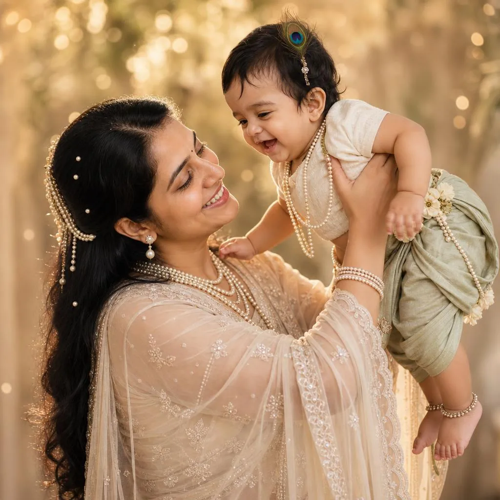 Yashoda joyfully lifting Little Krishna while dressed in flowing ivory fabric and cascading pearls against a dreamy golden background.