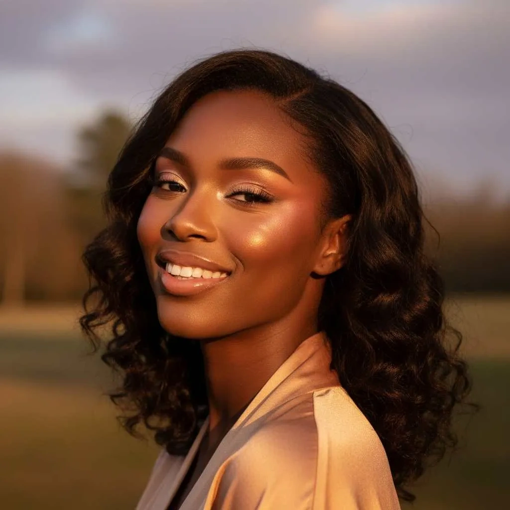 Sunset blush makeup with warm golden-hour glow.