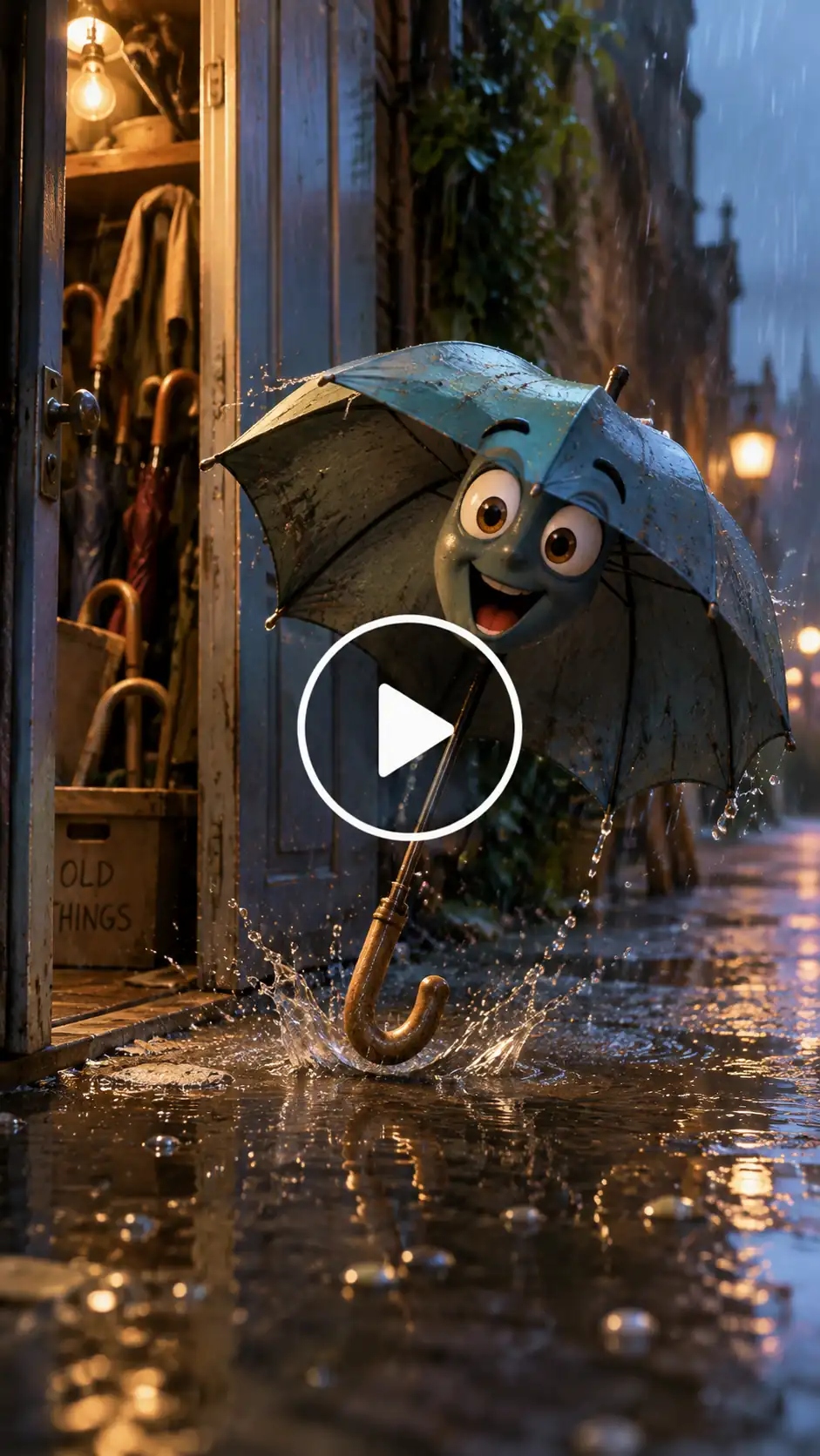 Smiling animated umbrella splashing through rainy streets after leaving a dusty old closet.
