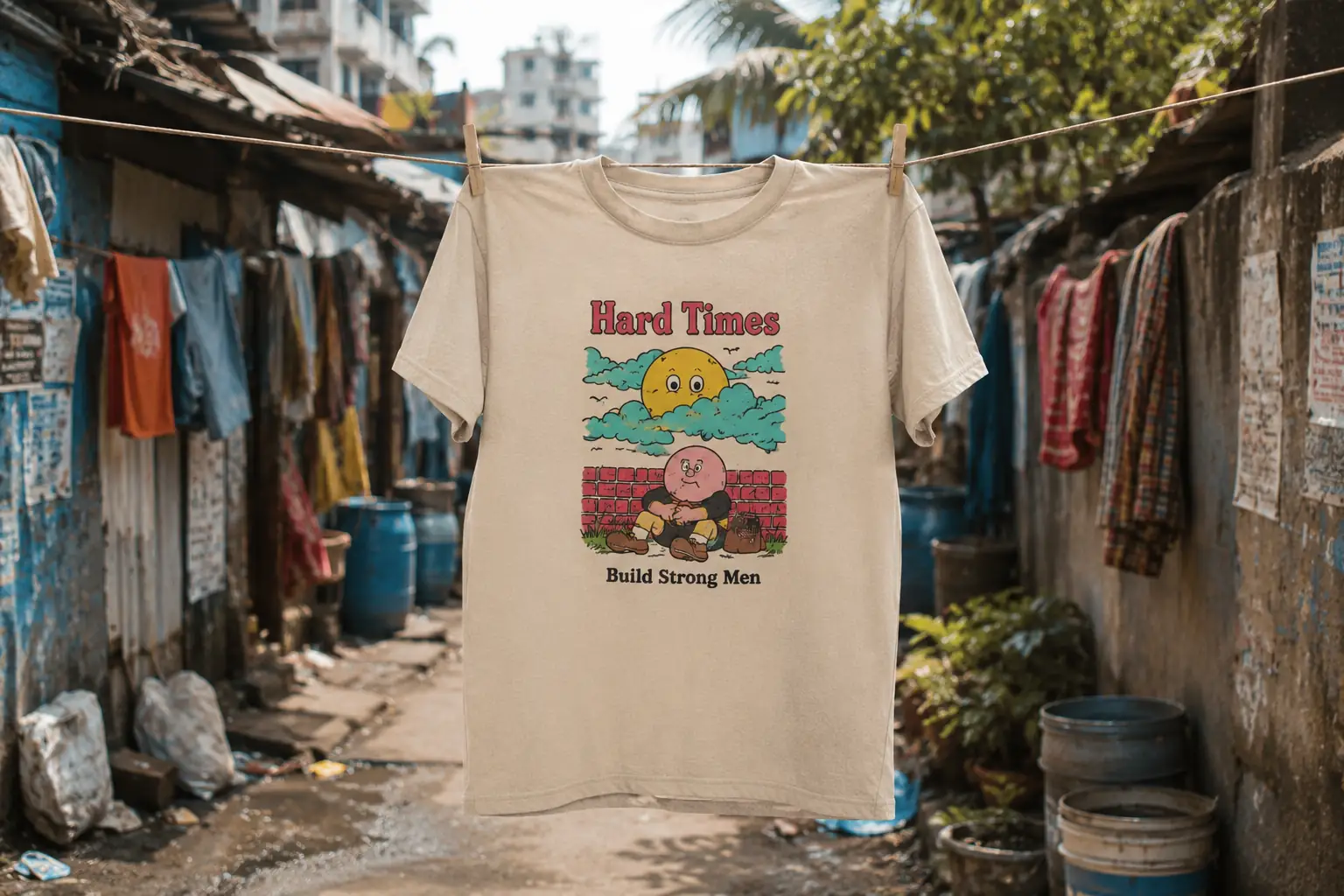 Beige graphic T-shirt hanging from a clothesline between weathered homes in a dense urban settlement.