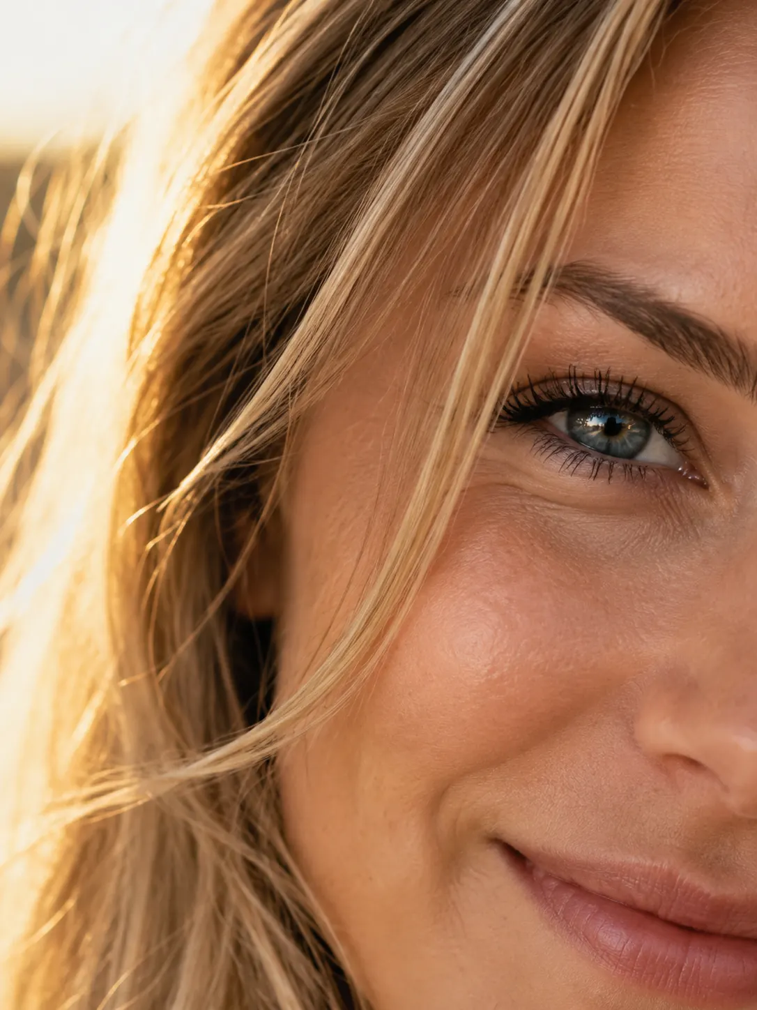 Close-up portrait of a woman showing half her face, one detailed eye, soft hair strands, and warm golden-hour light