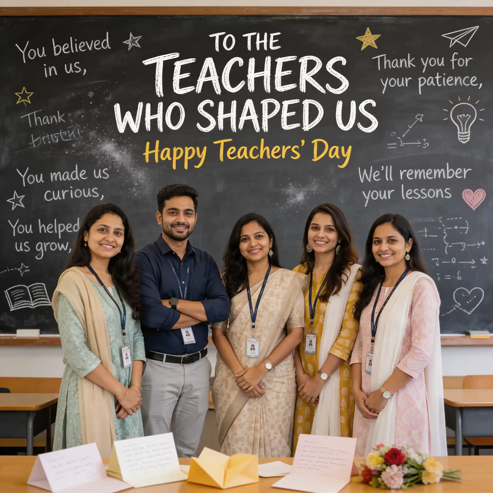 Group of teachers posing together for a polished Teachers’ Day faculty photograph