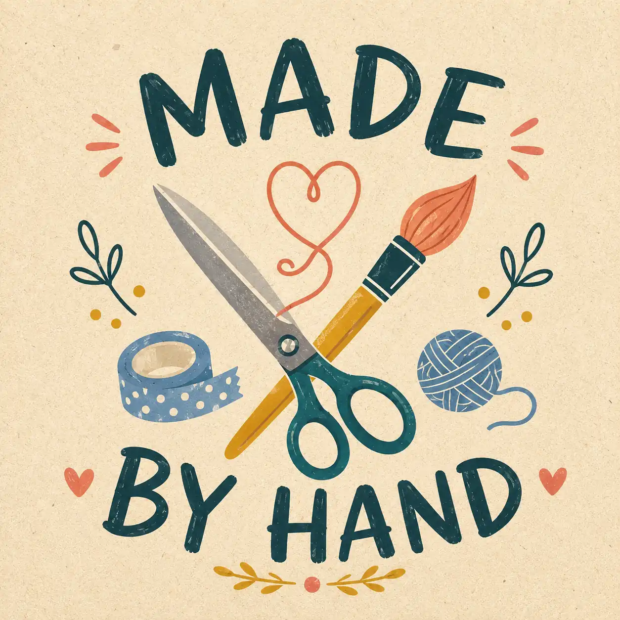 DIY crafts YouTube logo for Made by Hand with scissors paintbrush and curled thread graphics on a warm recycled paper background.