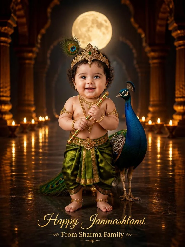 Little Krishna standing beside a peacock in a moonlit temple corridor with glowing diyas and a personalized Happy Janmashtami family greeting.