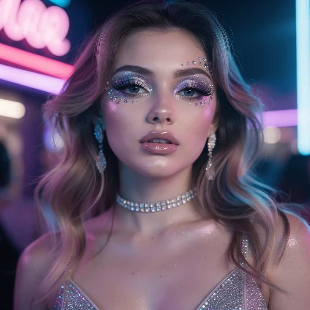 Glitter makeup with rhinestones and a neon party aesthetic.