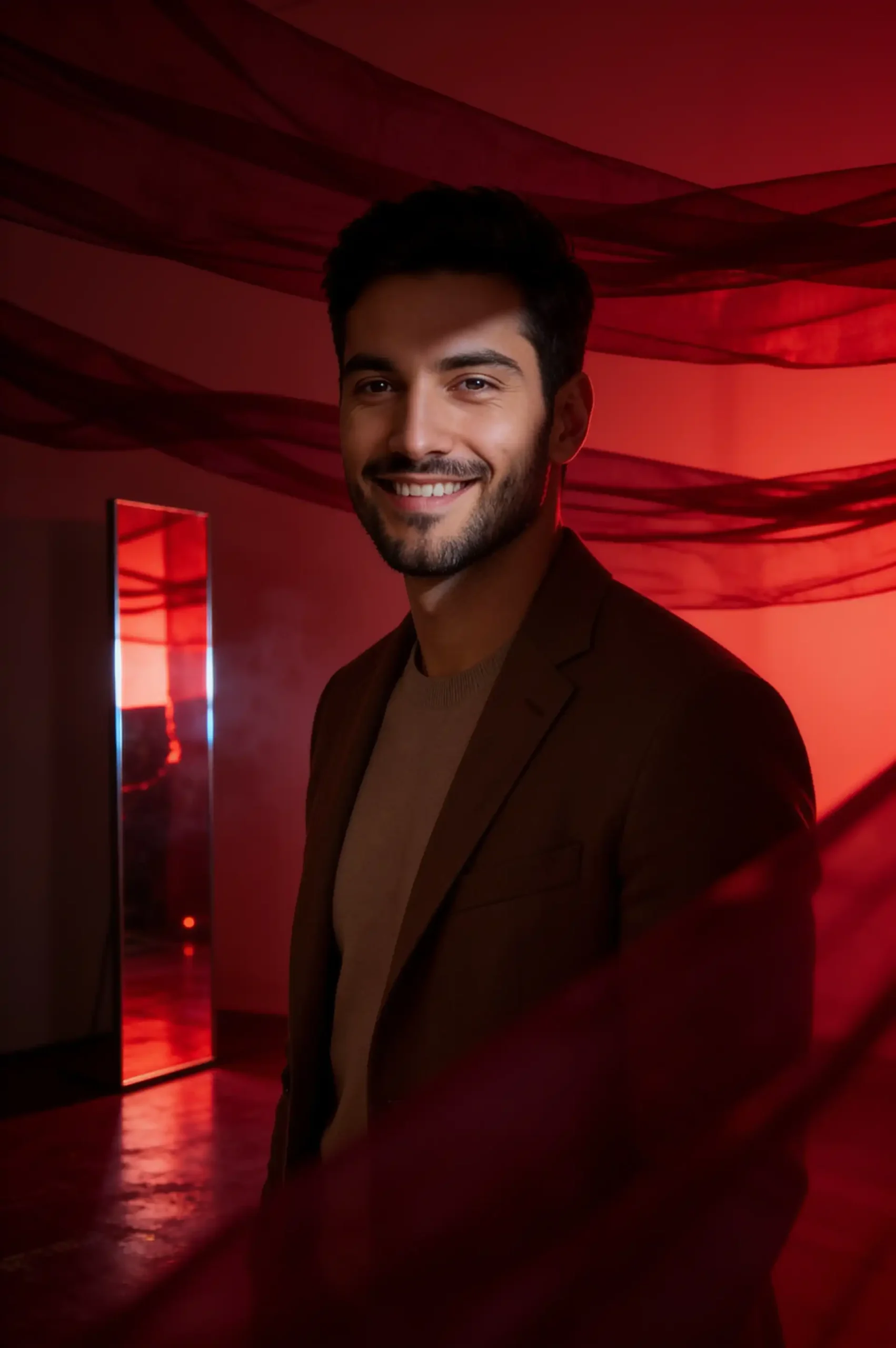 Person posing in an atmospheric crimson-red setting with sheer fabric and cinematic lighting.