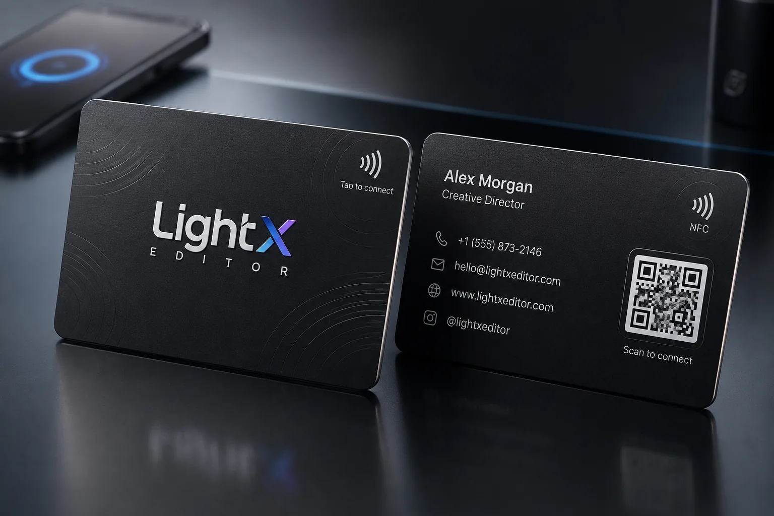 Premium two-sided NFC smart business card with contactless symbols, QR code, metallic finishes, and a futuristic smartphone setting.
