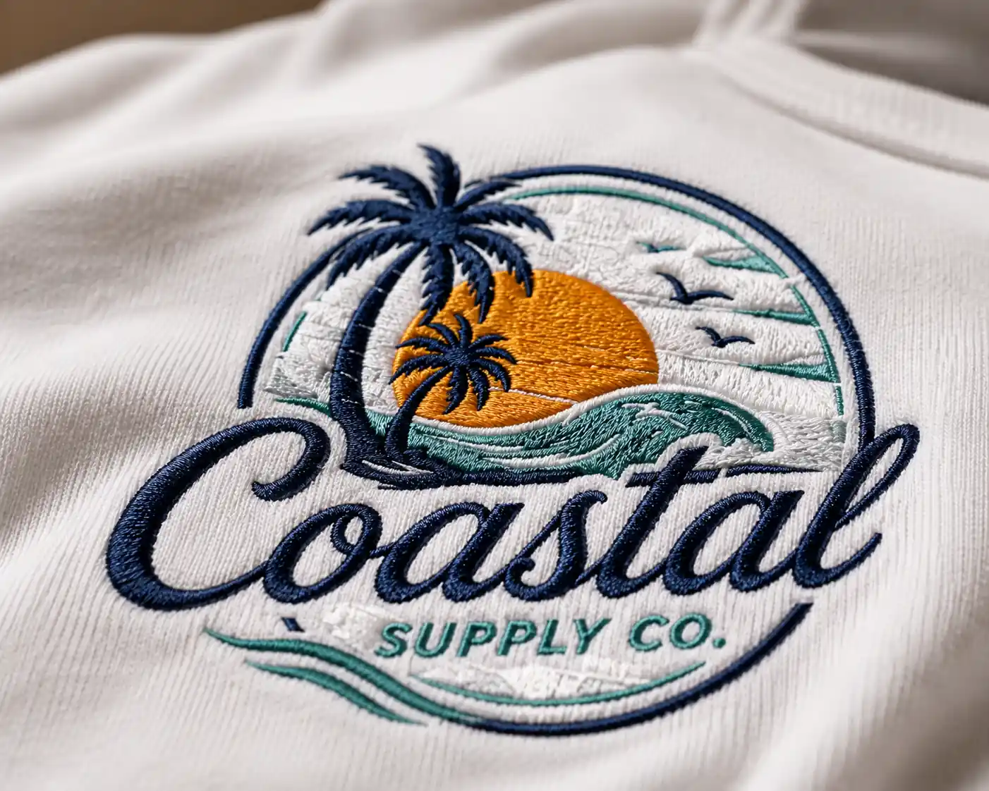 Close-up of a stitched embroidered logo with raised thread details on a white cotton T-shirt.