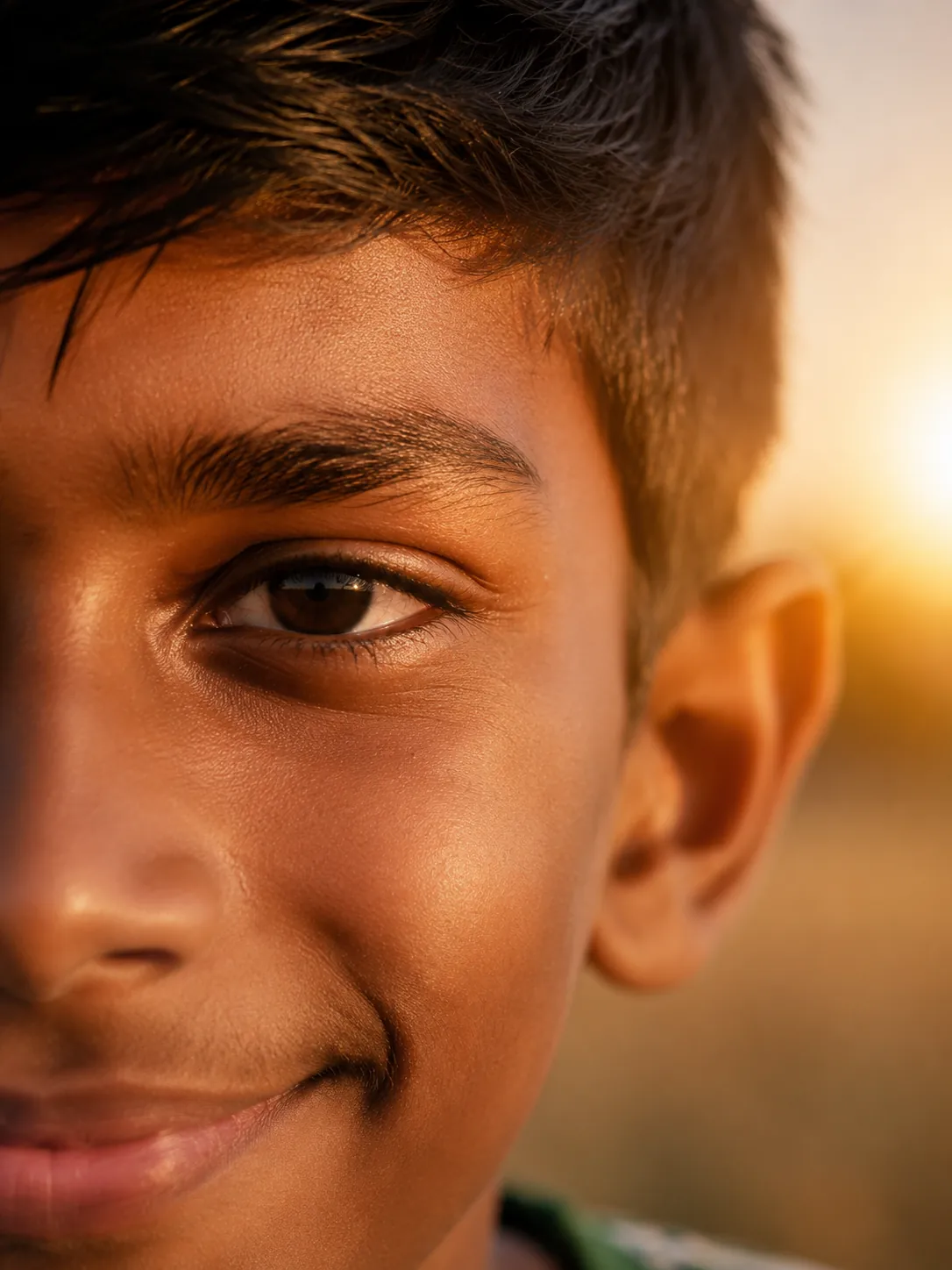 Close-up portrait of a man showing half his face and one detailed eye illuminated by warm golden-hour sunlight