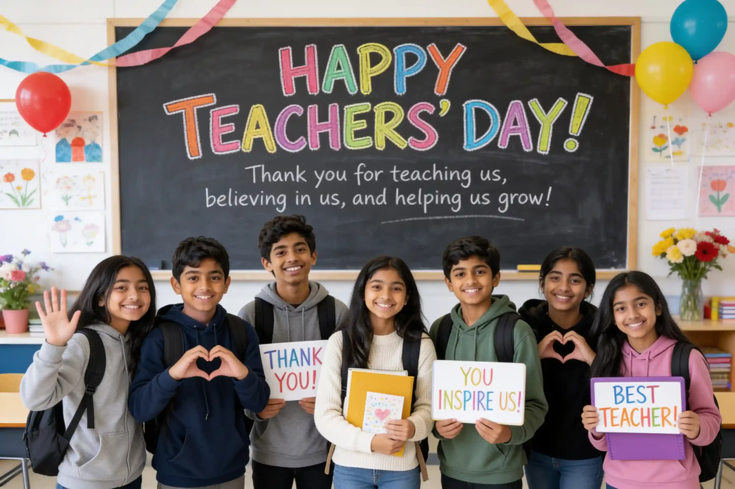 Class of students holding handmade thank-you signs as a Teachers’ Day surprise for their teacher