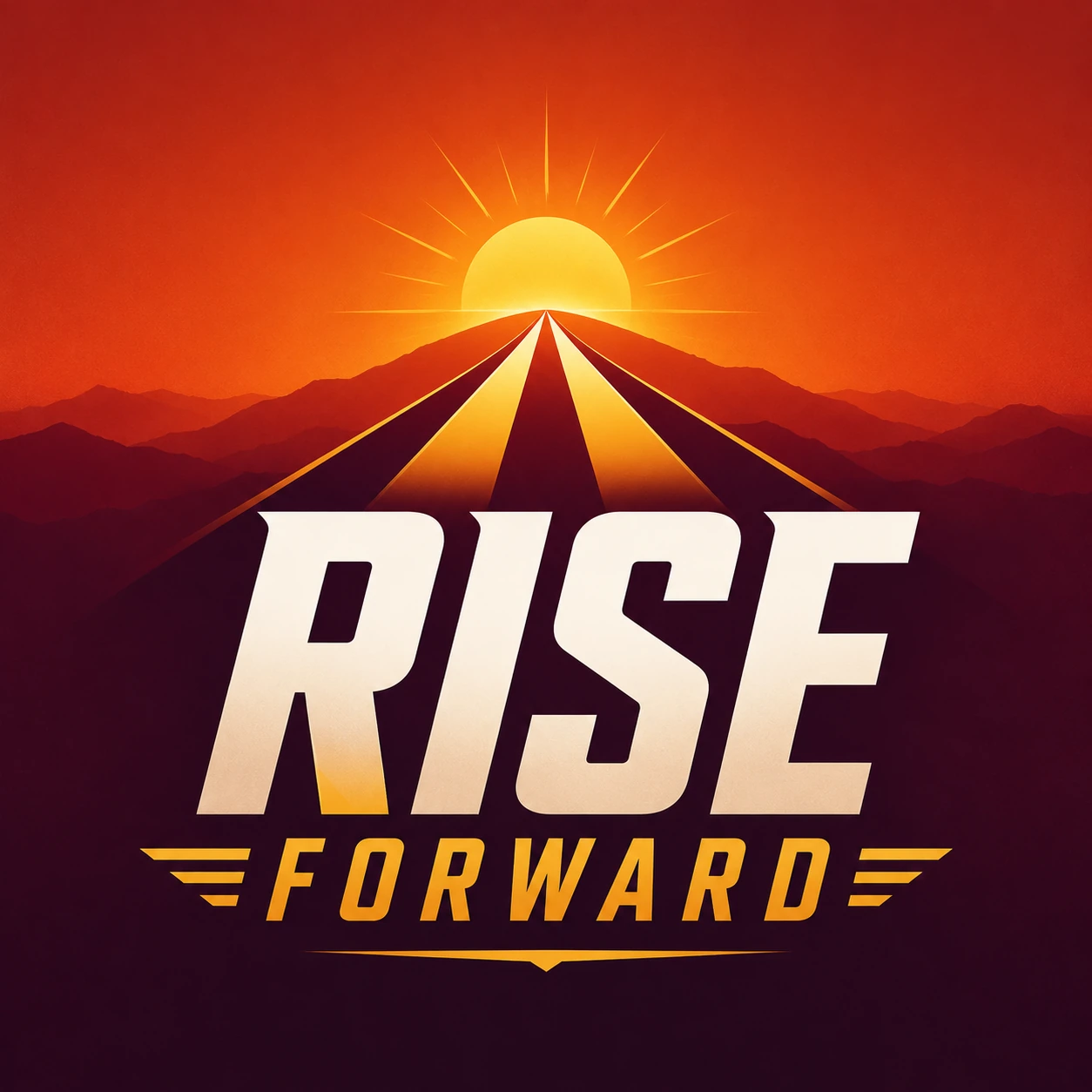 Motivation YouTube logo for Rise Forward with an upward path leading toward a rising sun on an orange and burgundy gradient.