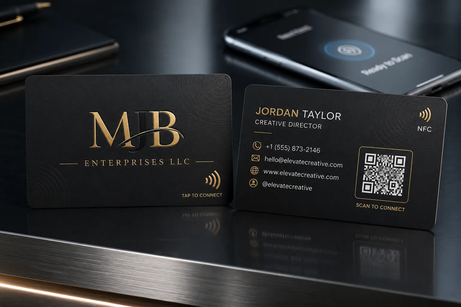 Futuristic two-sided digital business card with glowing gradients, circuit patterns, glass effects, QR code, and smartphone.