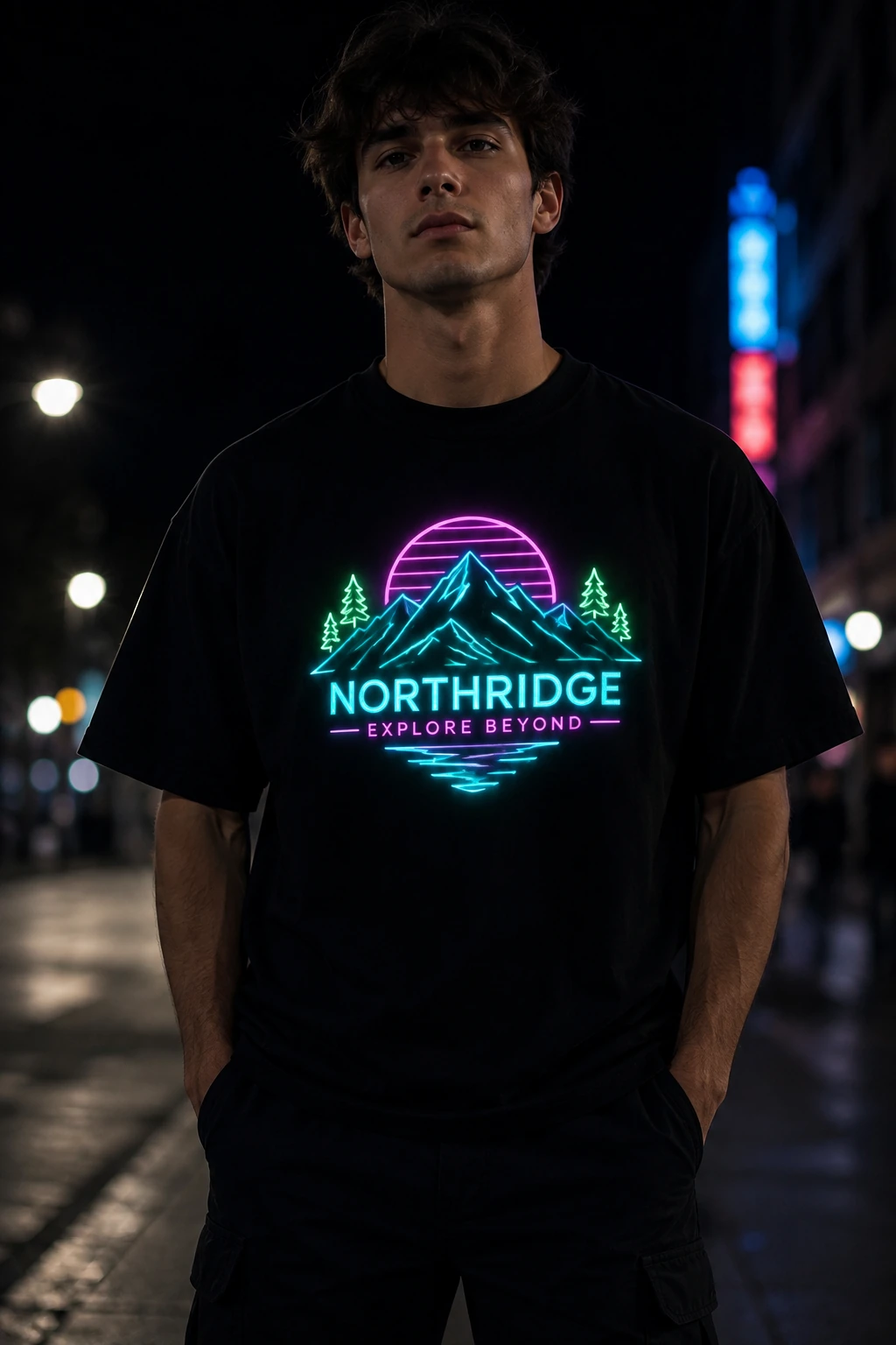 Black T-shirt with a bright glow-in-the-dark logo worn by a model in a dark nighttime setting.