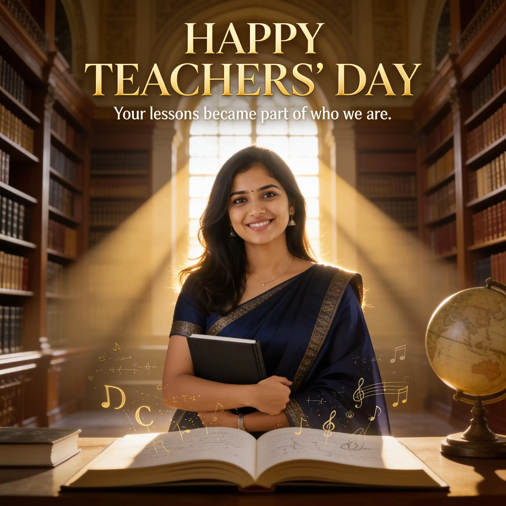 Cinematic Teachers’ Day tribute portrait of a female teacher in an elegant library with golden light and appreciation message