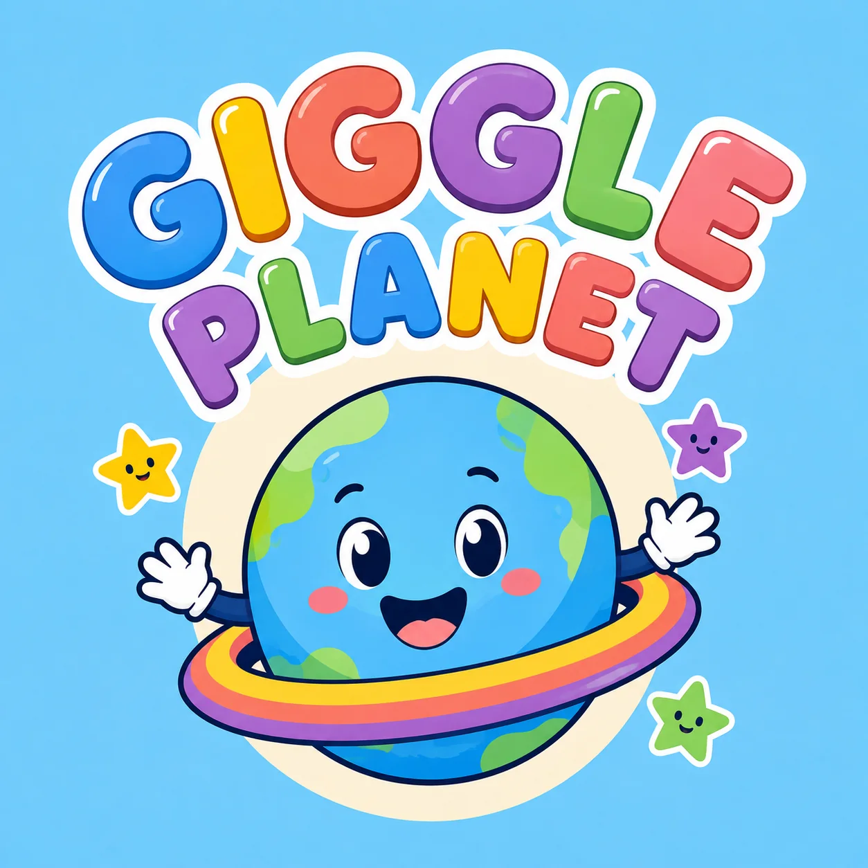 Kids YouTube logo for Giggle Planet with a smiling planet mascot and colorful bubble typography on a light blue background.