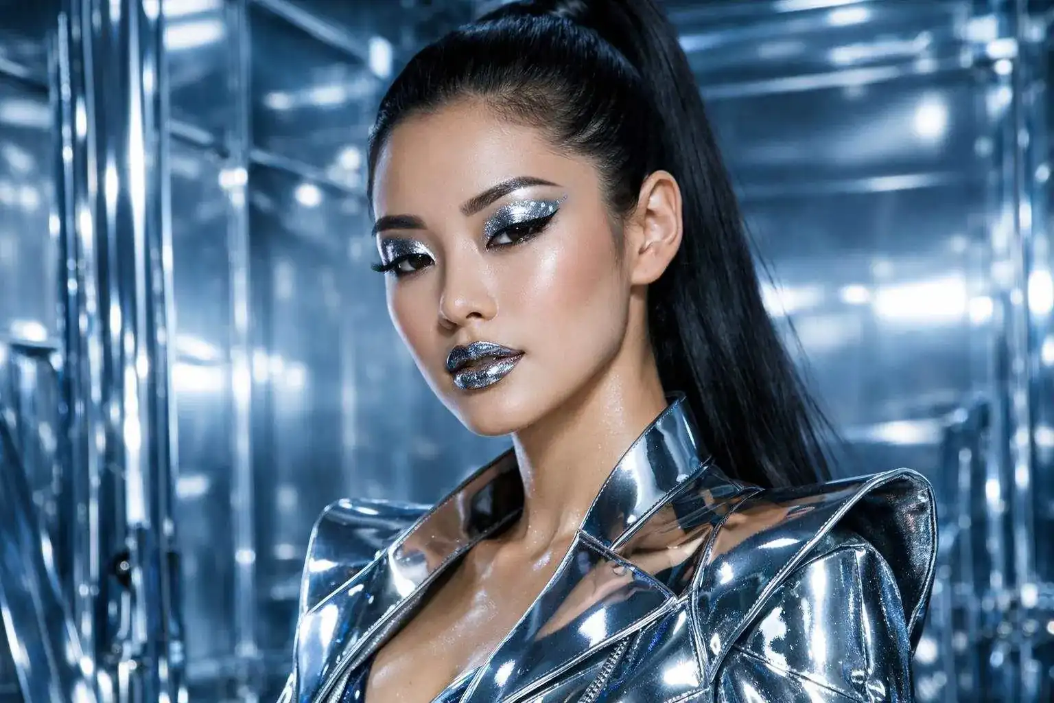 Futuristic chrome makeup with metallic silver accents.
