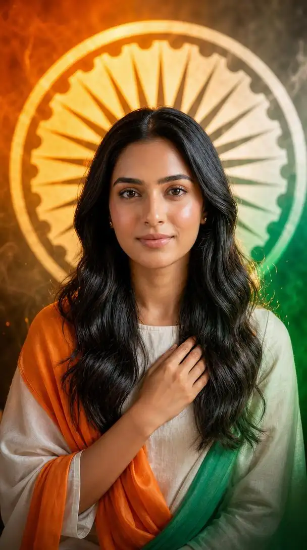 Independence Day portrait featuring a person with a glowing Ashoka Chakra and tricolor lighting effects in the background.