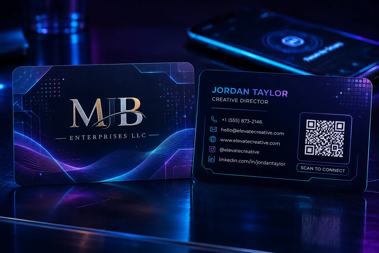 Futuristic two-sided digital business card featuring luminous gradients, digital interface elements, QR code, and holographic accents.