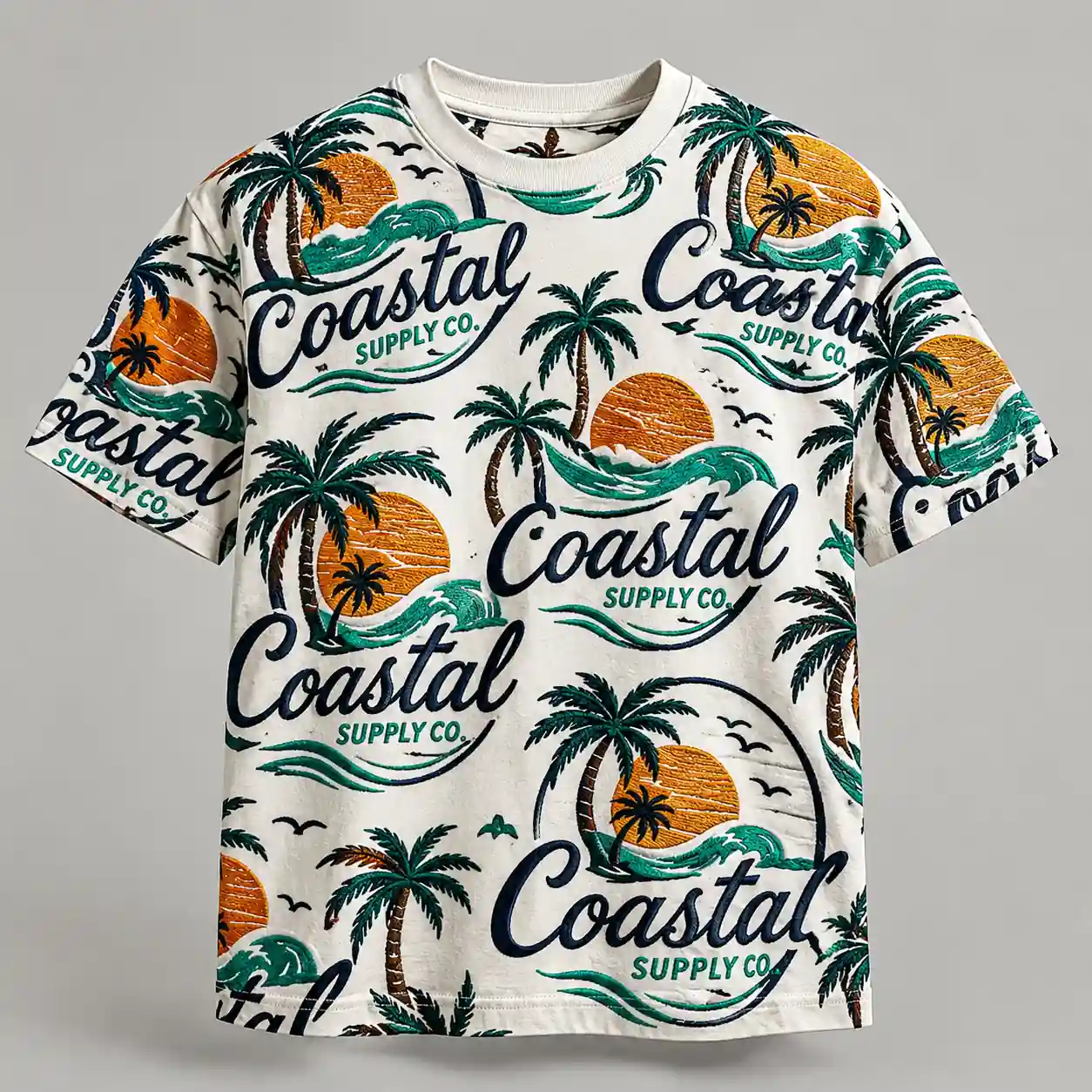 T-shirt covered from front to sleeves with a repeating all-over pattern based on the uploaded design.