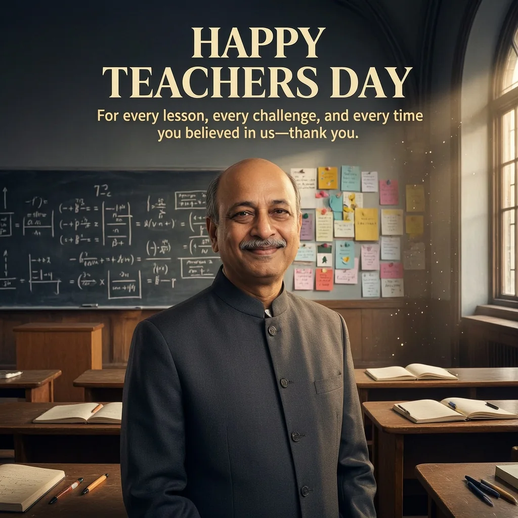 Cinematic Teachers’ Day tribute portrait of a male teacher in a grand lecture hall with dramatic lighting and appreciation message