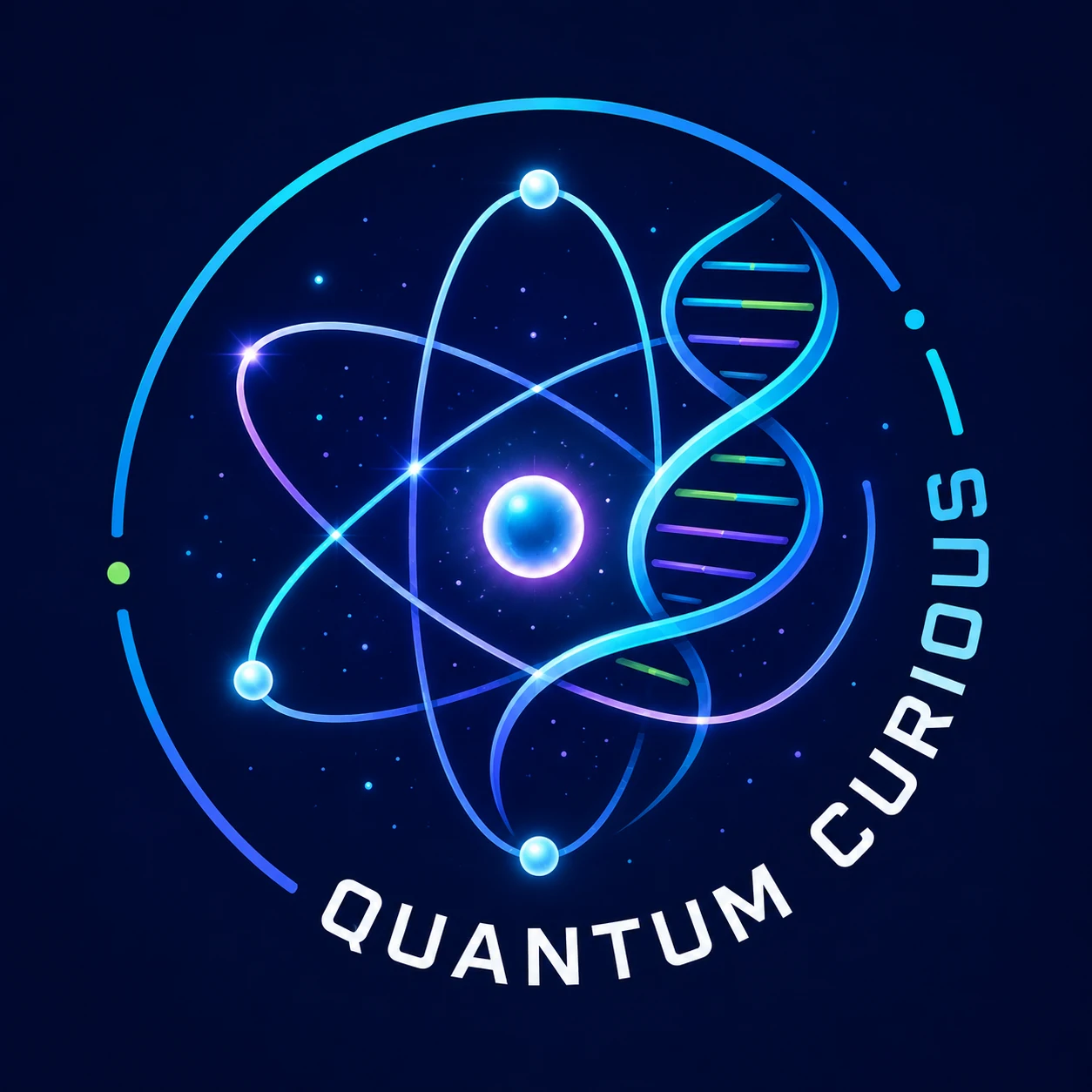 Science YouTube logo for Quantum Curious with an atomic orbit merging into a DNA helix in cyan violet and deep blue colors.
