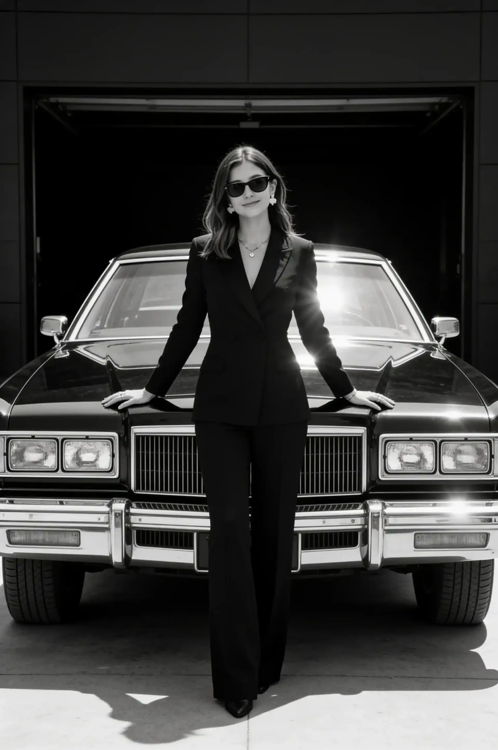 Black and white editorial portrait of a person posing in front of a vintage luxury car with a large chrome grille