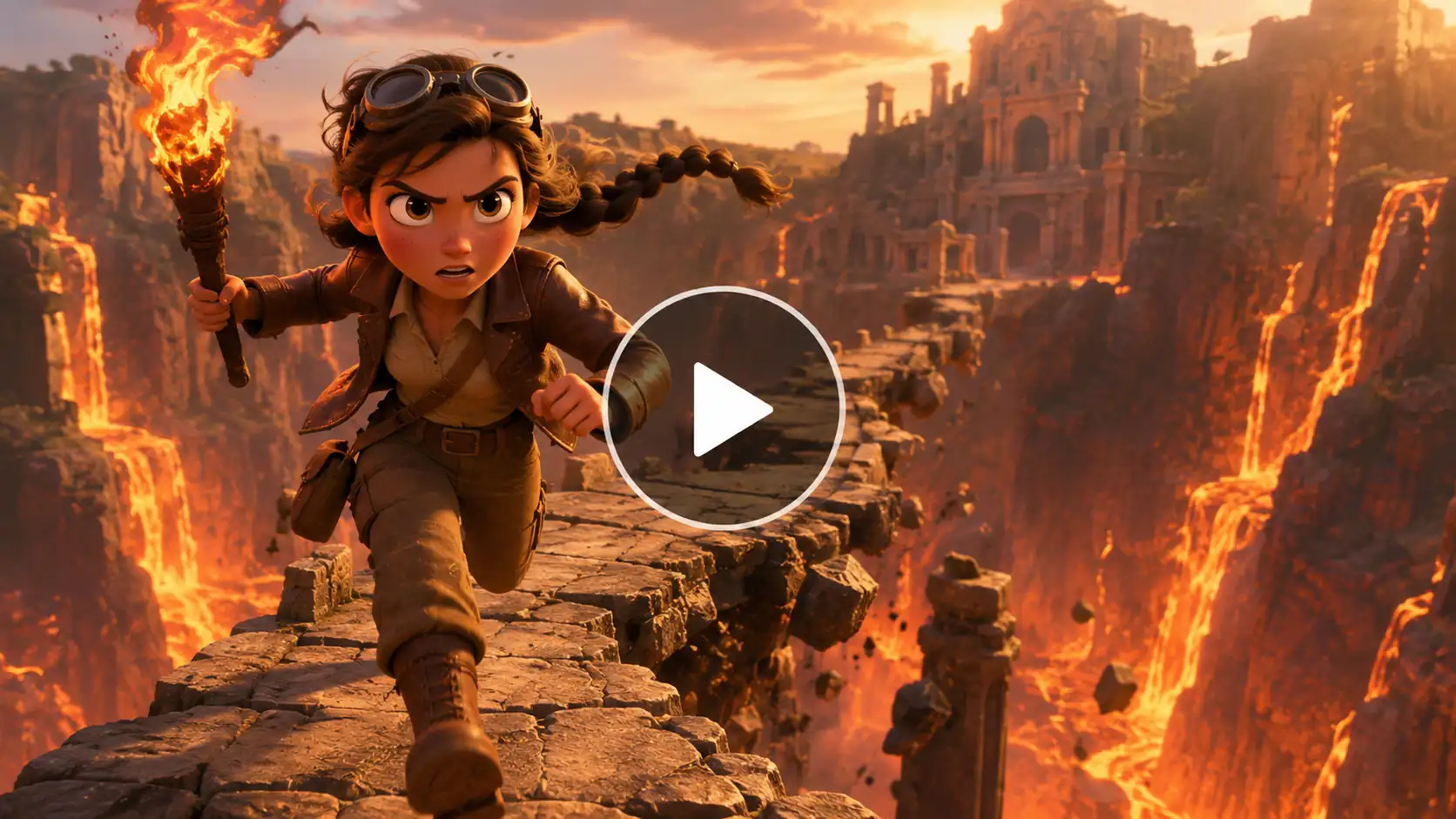 Brave young explorer running across a crumbling bridge above a glowing lava canyon with a flaming torch.
