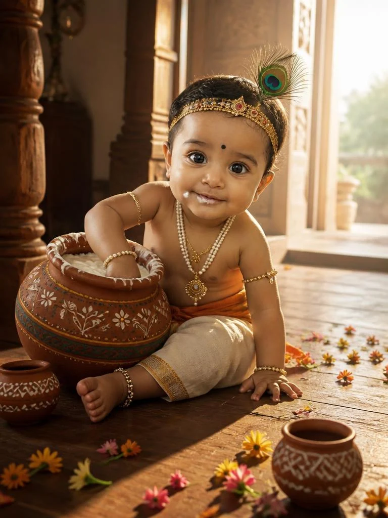 Playful Makhan Chor beside a clay butter pot on a rustic wooden floor, captured in warm golden morning light.