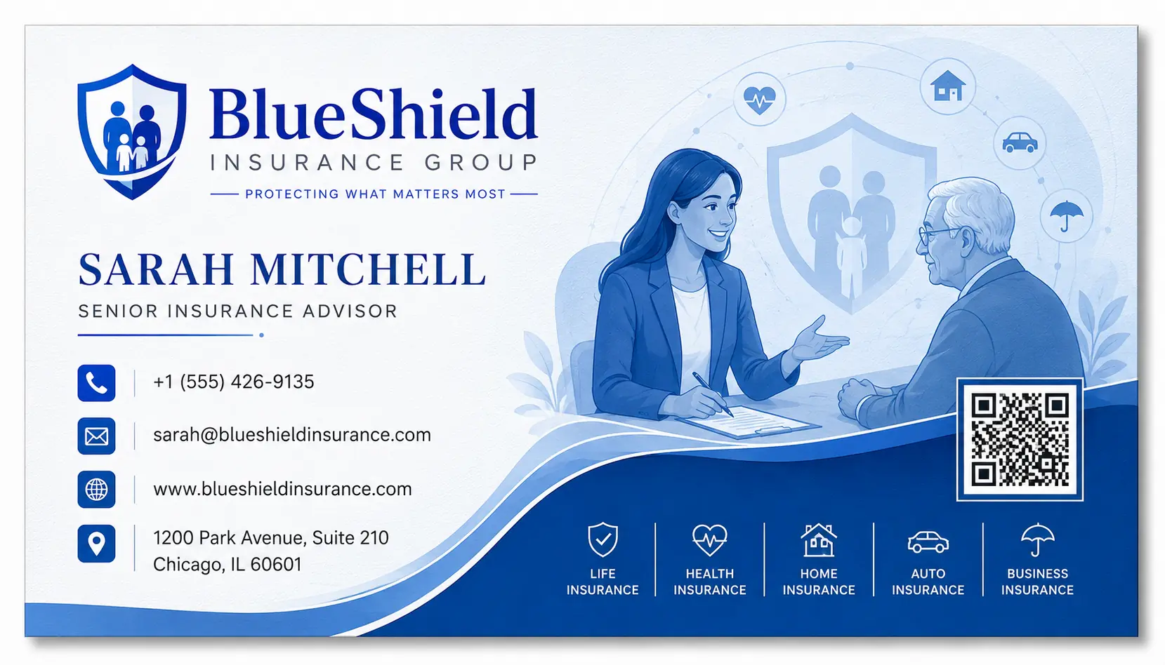 Premium blue insurance business card featuring an advisor and elderly client illustration with shield motifs and professional design elements.
