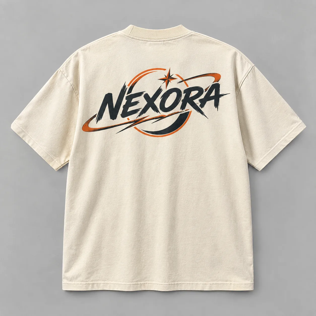 Off-white oversized T-shirt showing a graphic design printed clearly across the upper back.