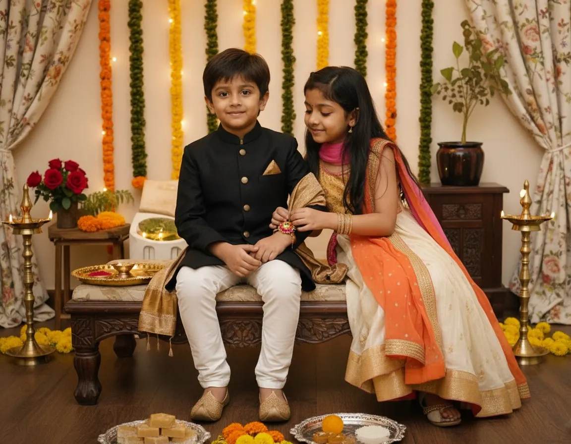 Brother in a black bandhgala and sister in an ivory outfit tying rakhi in an elegant Indian festive setting with marigolds and mithai.