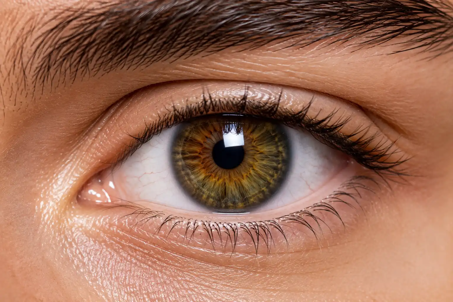 High-definition close-up photo of a hazel eye with sharp iris patterns and a clear catchlight
