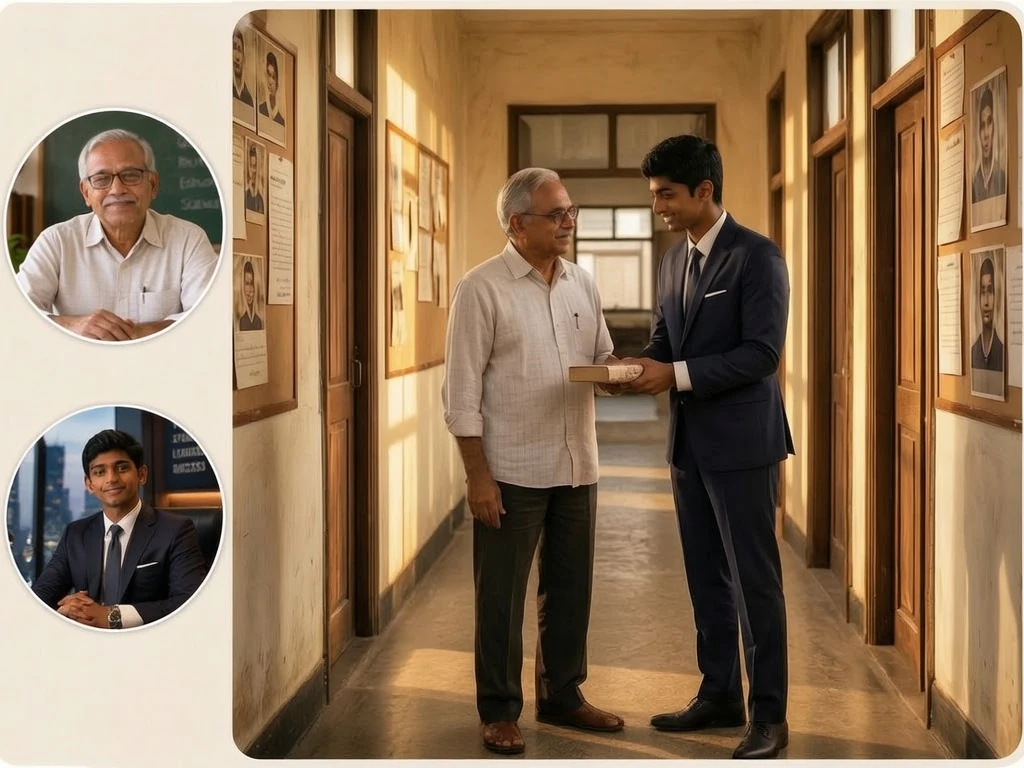 Grown-up student meeting a former teacher in a nostalgic school corridor on Teachers’ Day