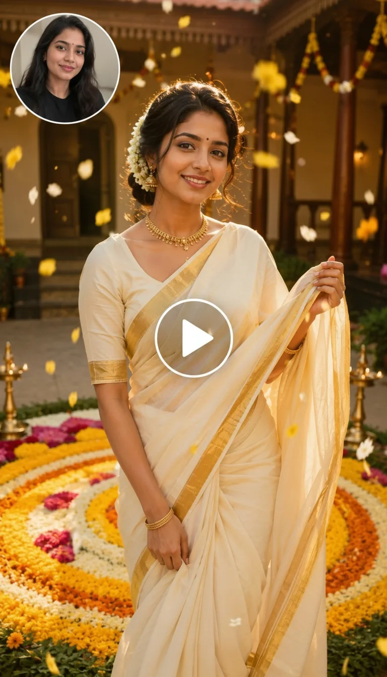 Frame screenshot of an Onam-themed video showing a woman wearing a traditional cream-and-gold Kasavu saree in a festive Kerala setting.