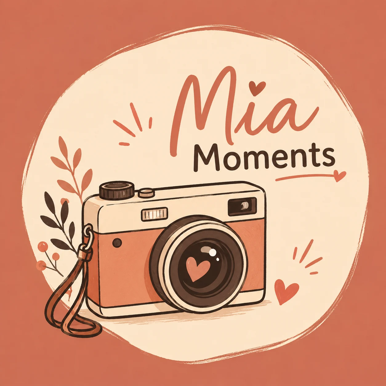 Vlog YouTube logo for Mia Moments with a camera icon and handwritten typography on a warm terracotta background.