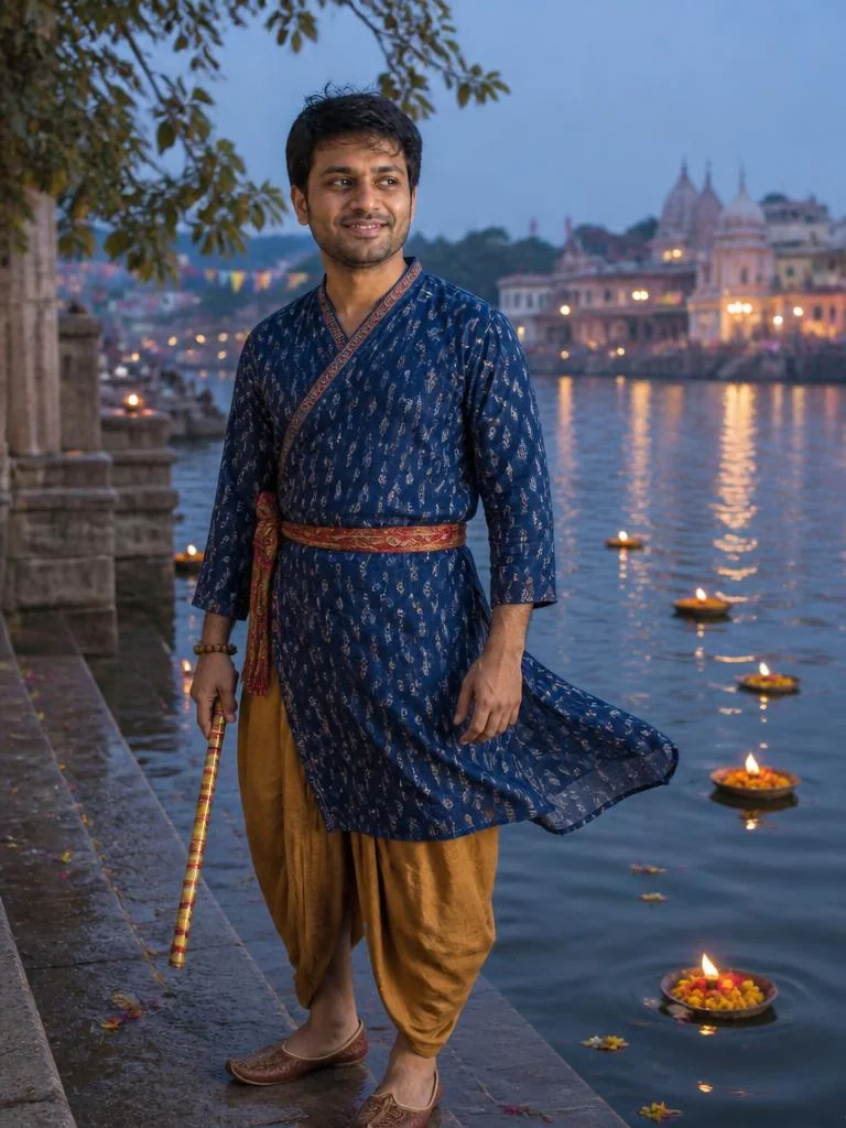 Young man in an indigo dhoti-kurta holding a bansuri beside the Yamuna during Janmashtami.