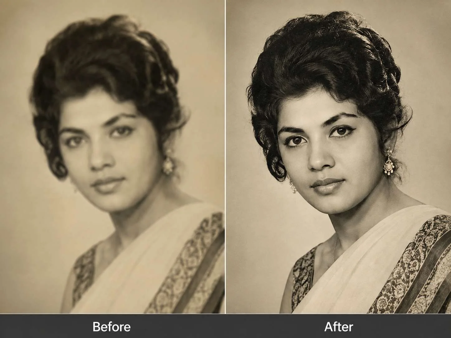 Comparação de antes e depois mostrando uma foto antiga desfocada restaurada com maior nitidez e detalhes mais claros.