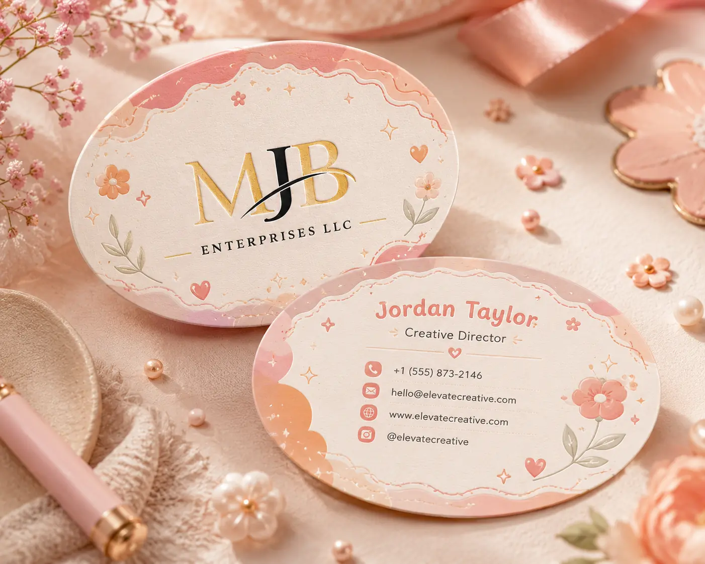 Cute pastel oval-shaped business card pair with flowers, hearts, sparkles, playful details, and boutique styling.