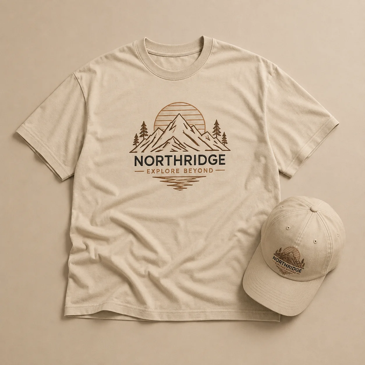 T-shirt and matching cap arranged against a same-color background in a minimal monochrome flat lay.