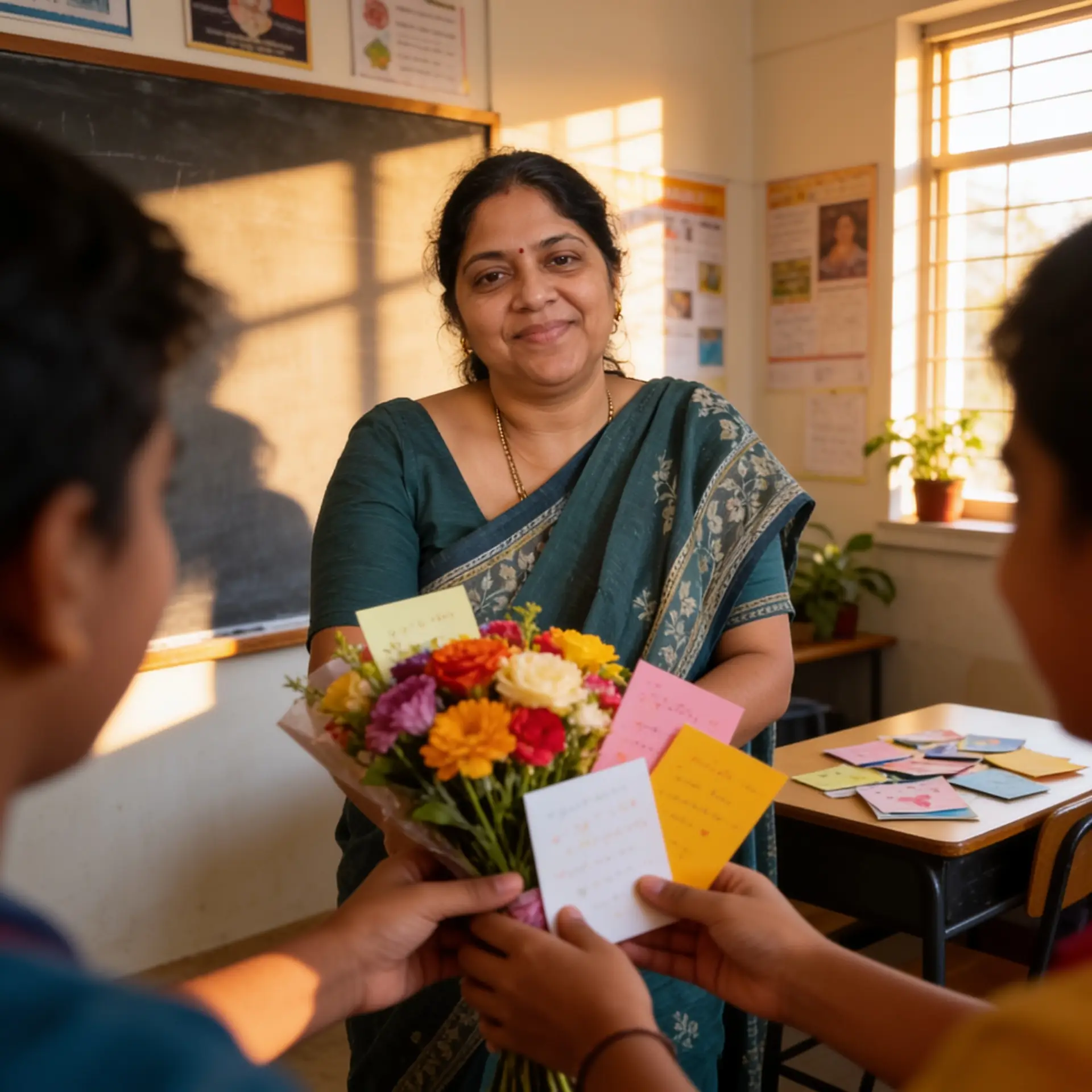 Teacher receiving a bouquet and handmade cards from students during a Teachers’ Day celebration