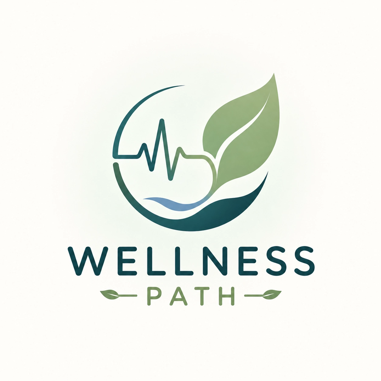 Health YouTube logo for Wellness Path with a leaf and heartbeat line symbol in teal and sage green on a warm white background.