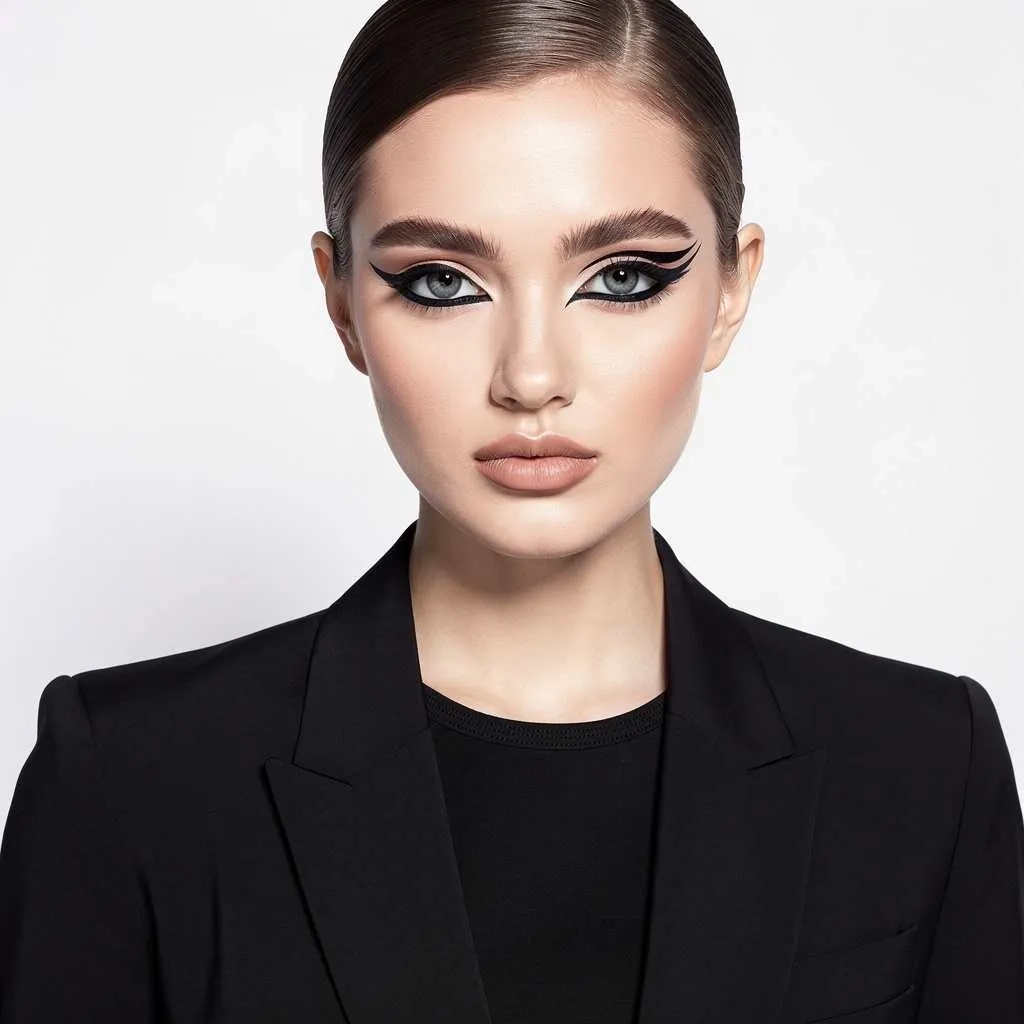 Artistic graphic eyeliner with a modern fashion aesthetic.