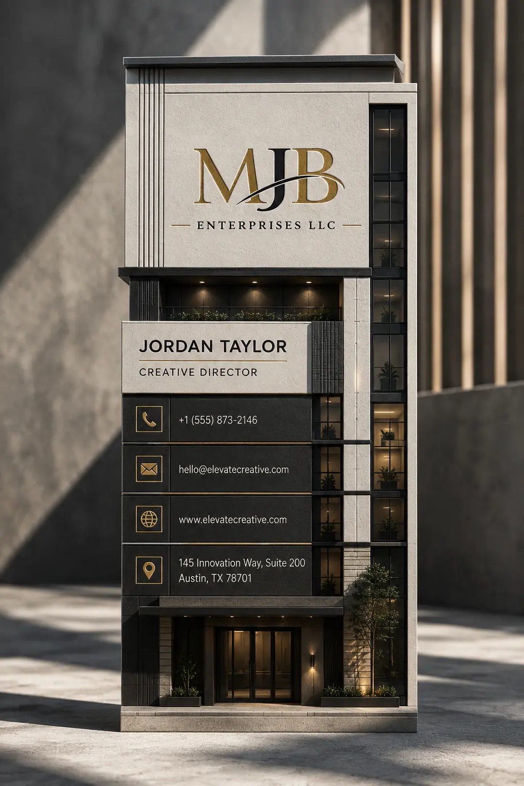 Vertical architectural business card designed like a modern building facade with glass panels, structural lines, and premium textures.