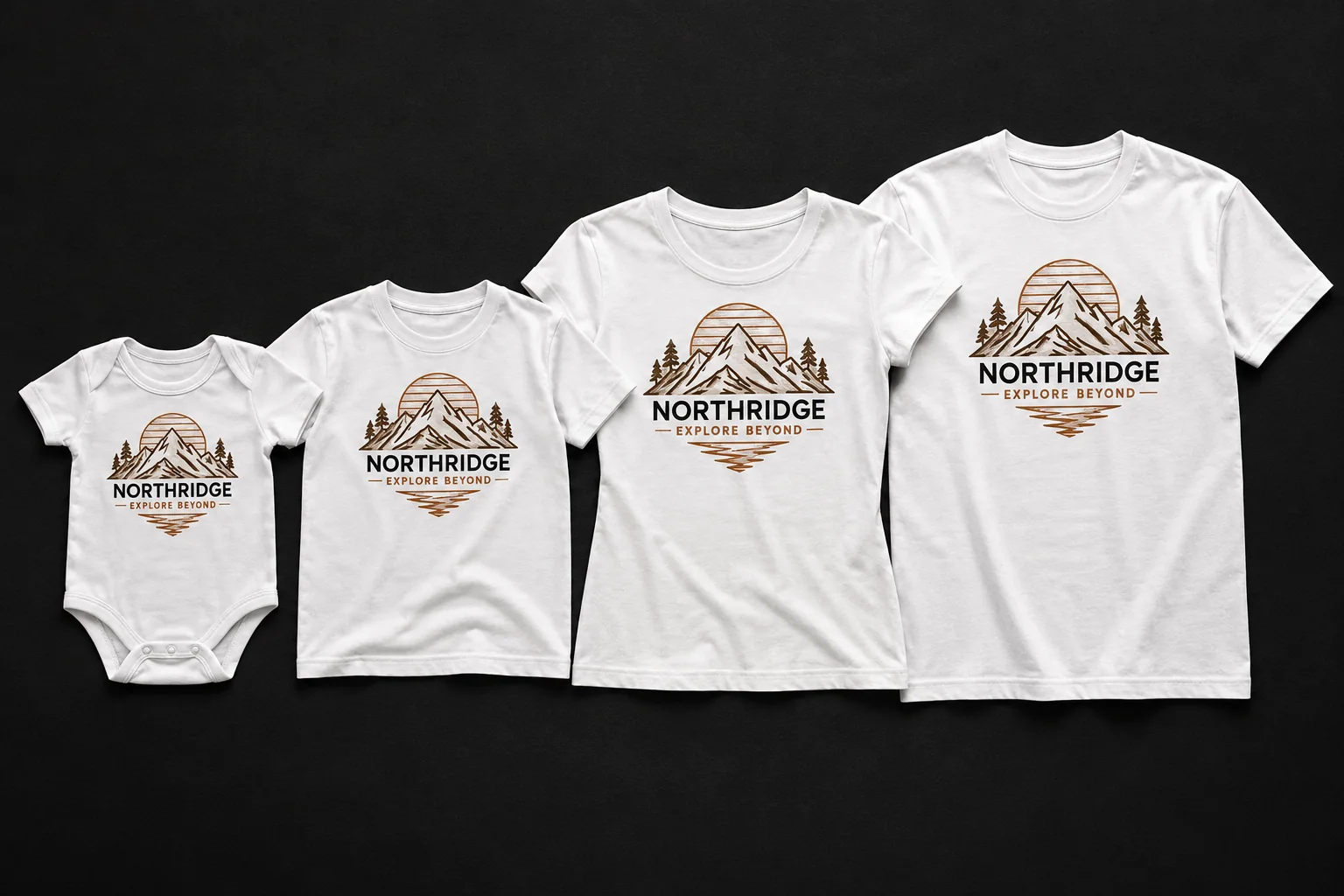 White baby onesie and family T-shirts in different sizes displayed against a dark charcoal background.