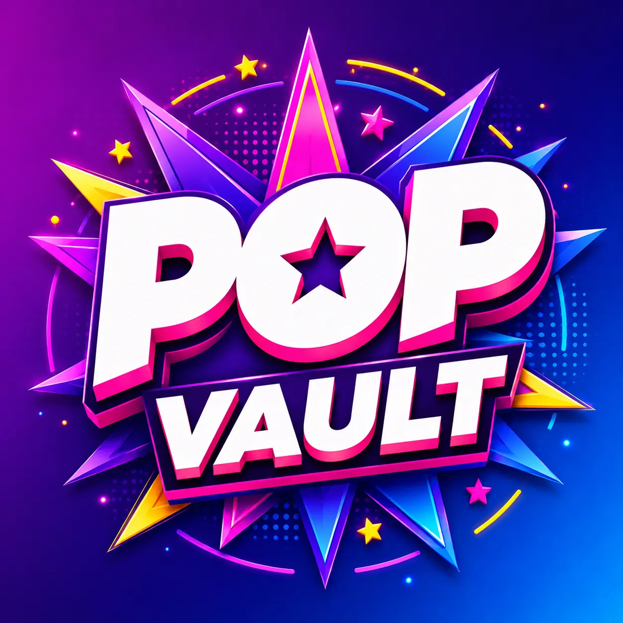 Entertainment YouTube logo for Pop Vault with bold typography and a geometric starburst in electric blue purple pink and yellow.
