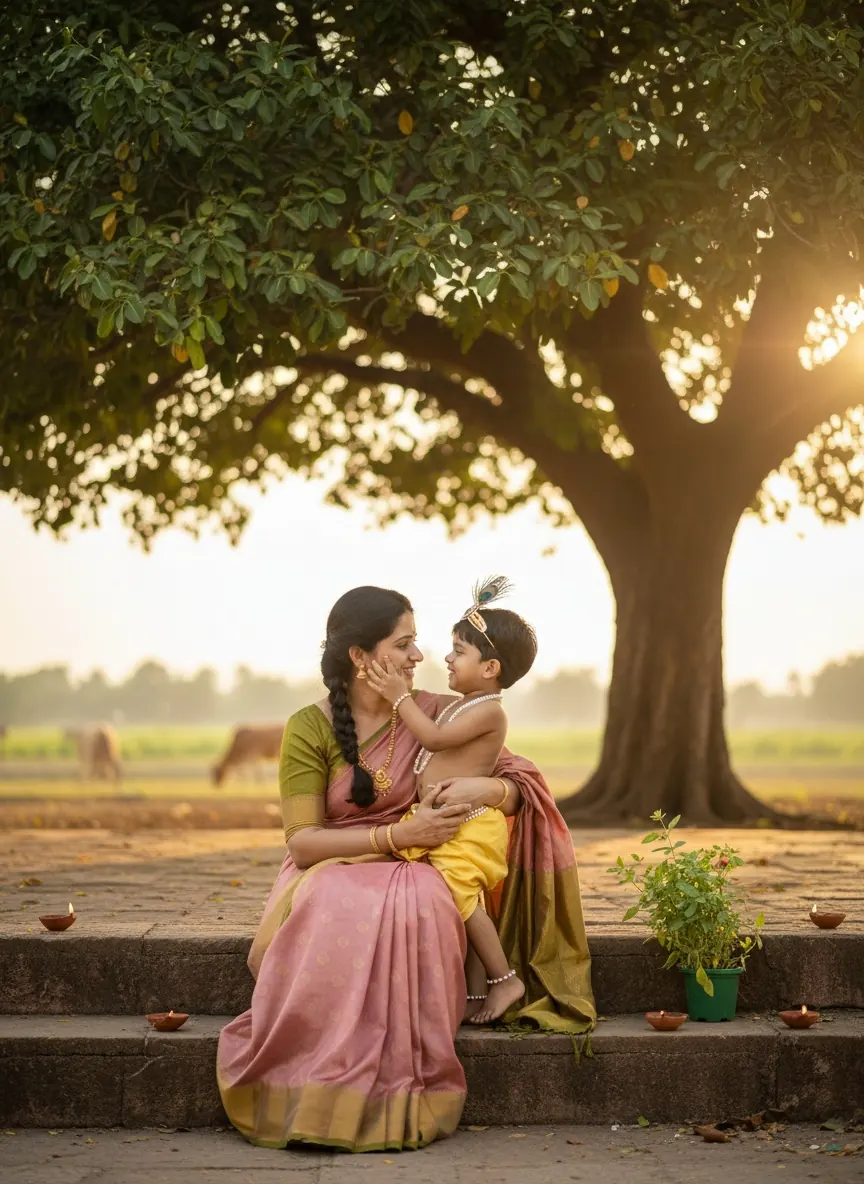 Mother lovingly holding her child dressed as little Krishna during a realistic Janmashtami photoshoot.