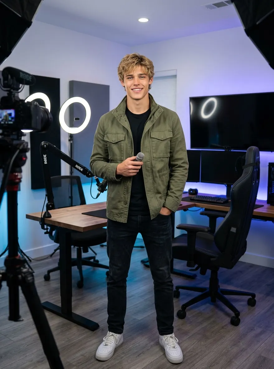Creador de contenido masculino en un estudio moderno con cámaras, micrófonos y equipos de producción.